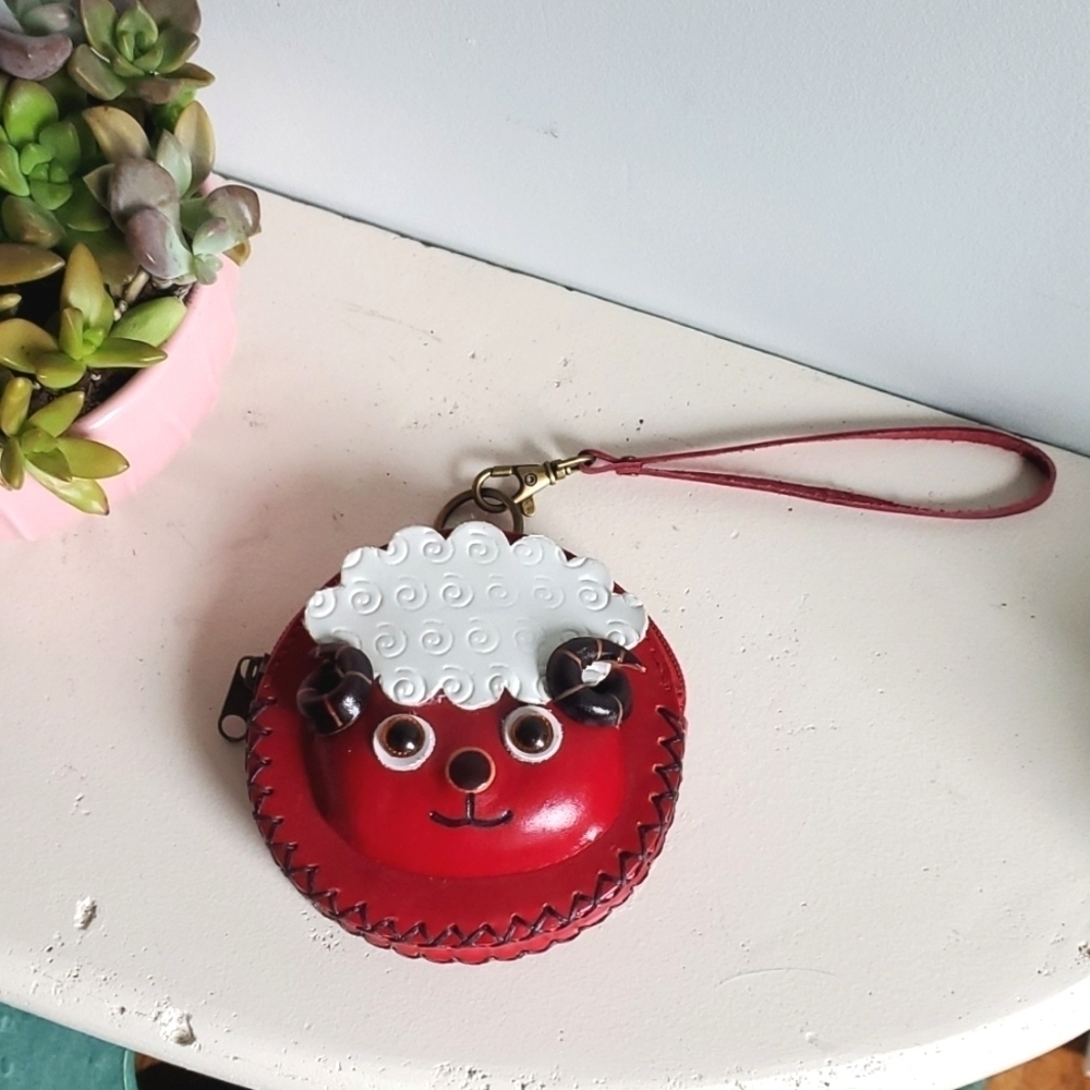Handcrafted Red Leather Sheep Coin Purse / Key Holder / Wristlet